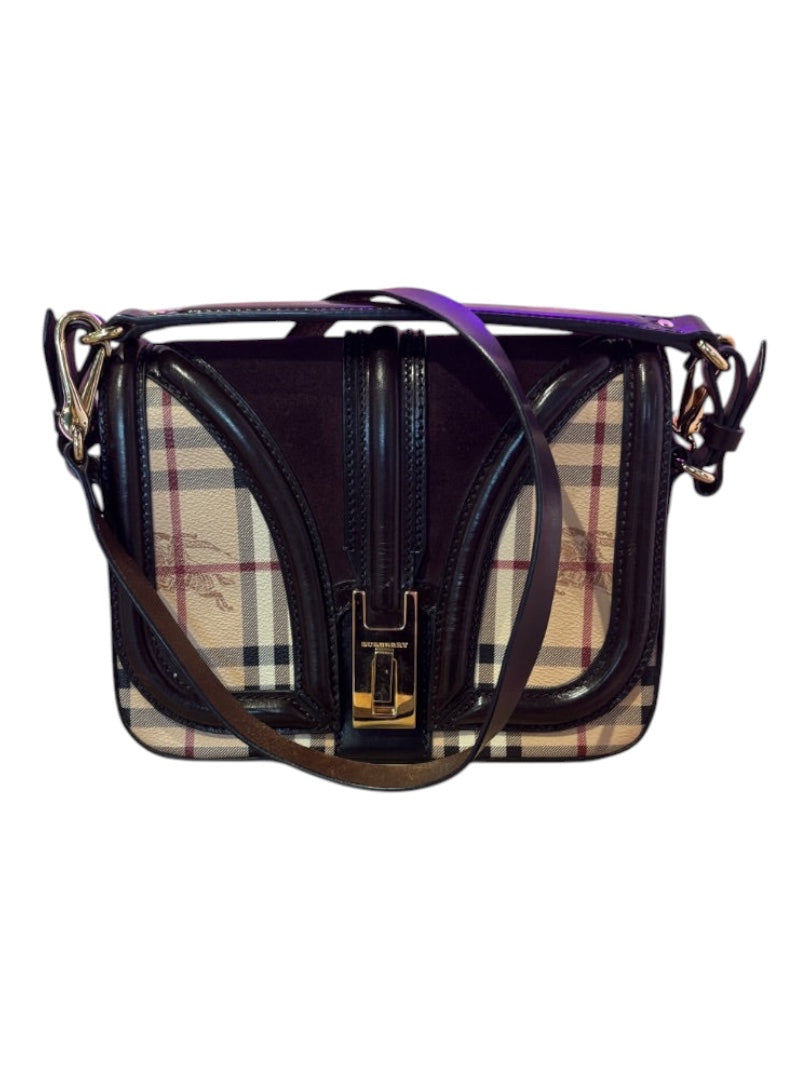 Posh Purse Co. Burberry crossbody bag in signature canvas and dark brown suede with gold hardware and adjustable strap.