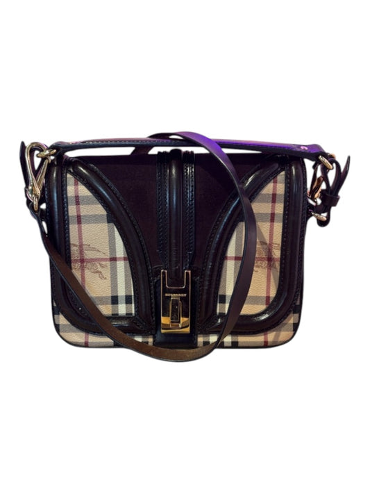Posh Purse Co. Burberry crossbody bag in signature canvas and dark brown suede with gold hardware and adjustable strap.