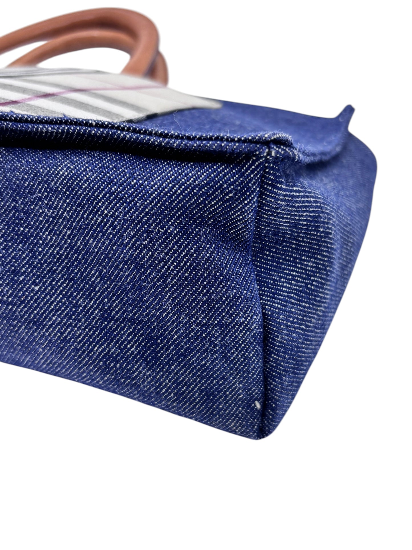 Posh Purse Co Burberry Nova Check denim tote bag featuring a blue denim base and brown leather handles