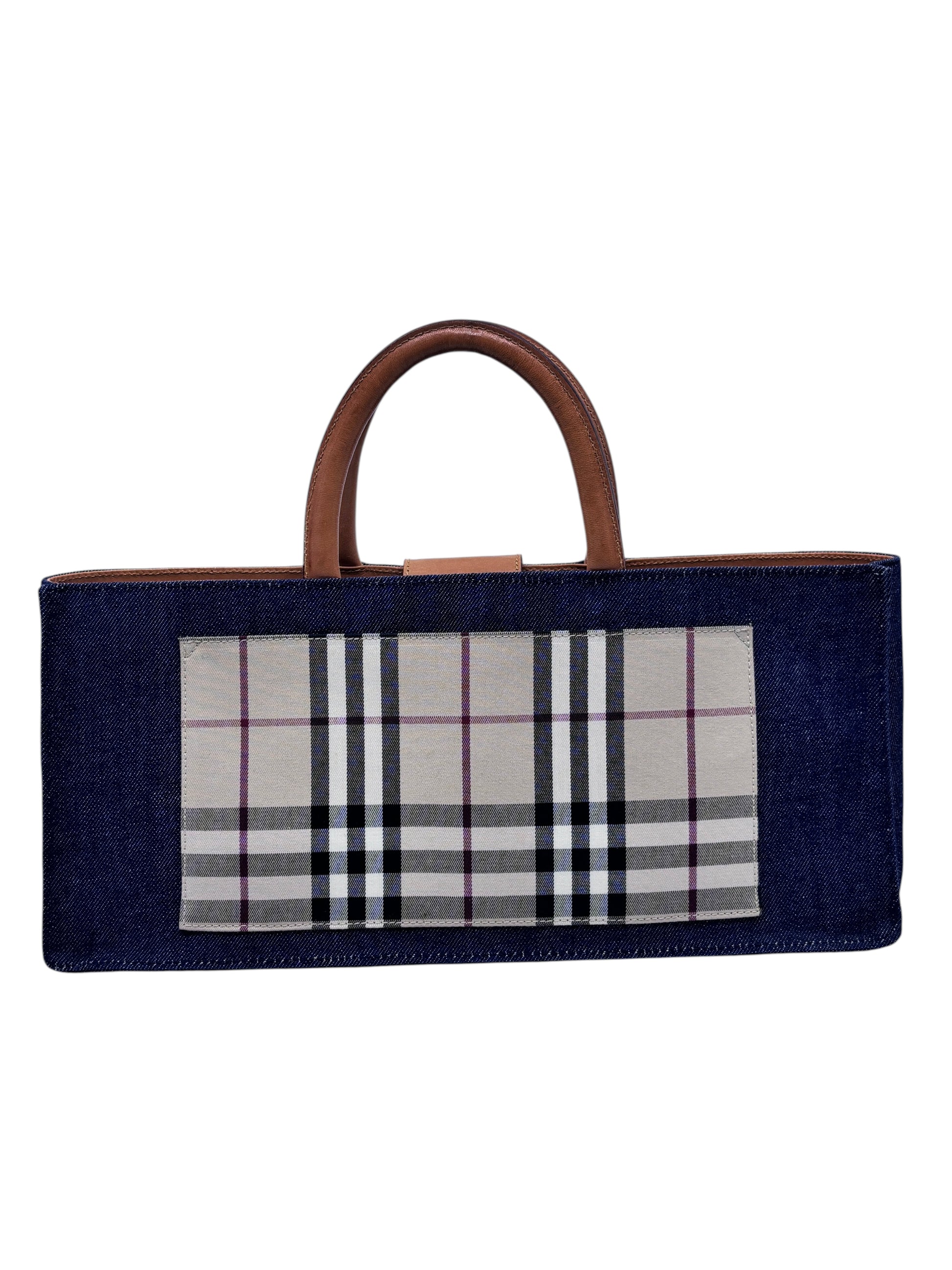 Posh Purse Co Burberry Nova Check denim tote bag with brown leather handles and a structured rectangular silhouette.