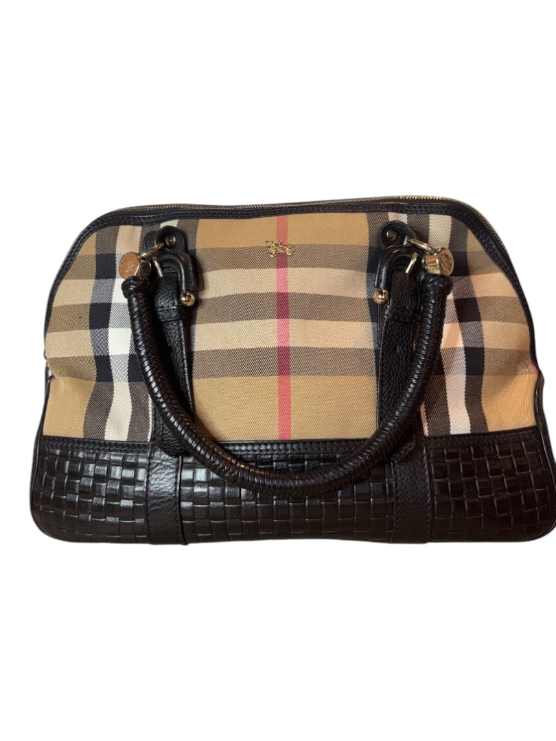 Posh Purse Co Burberry Brit House Check Bag in beige, black, and pink canvas with woven leather trim and gold hardware.