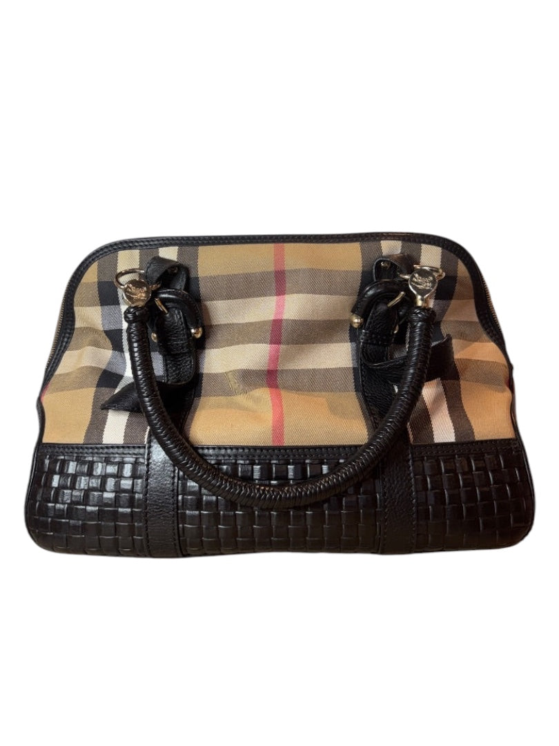 Posh Purse Co Burberry Brit House Check Bag in beige canvas with black leather trim and woven detail. Features top handles and iconic check pattern.