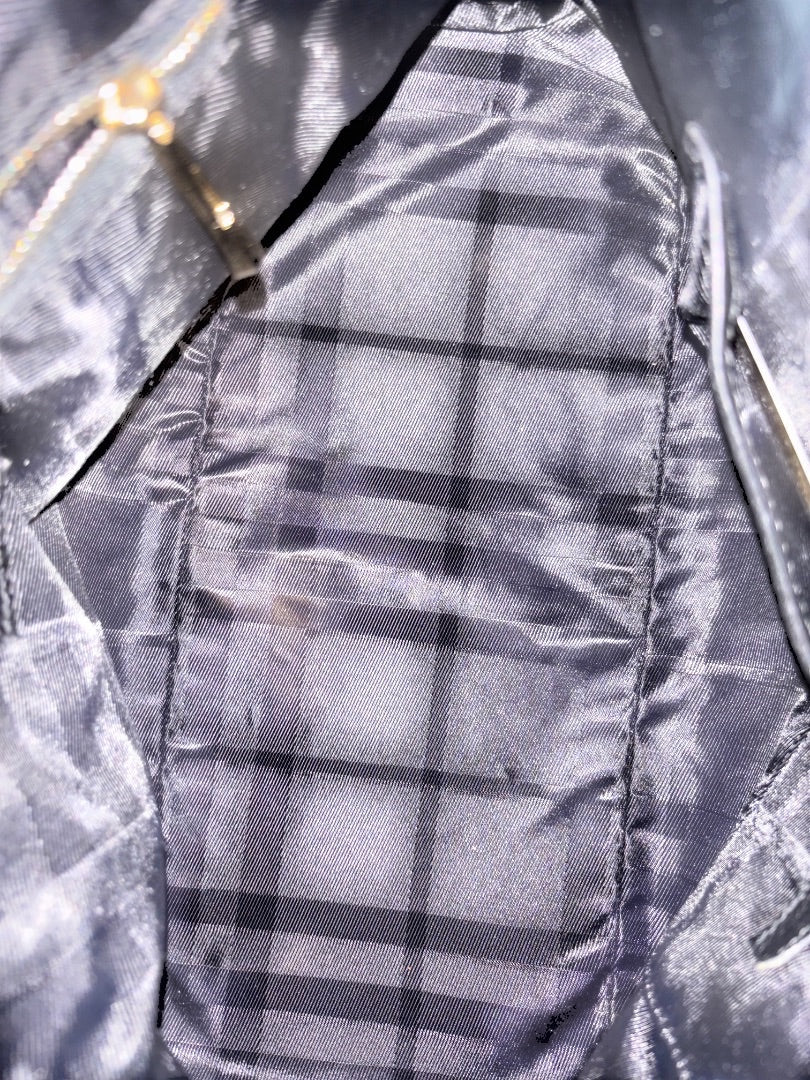 Posh Purse Co Burberry Brit House Check Bag interior lining with classic check pattern and gold zipper detail.