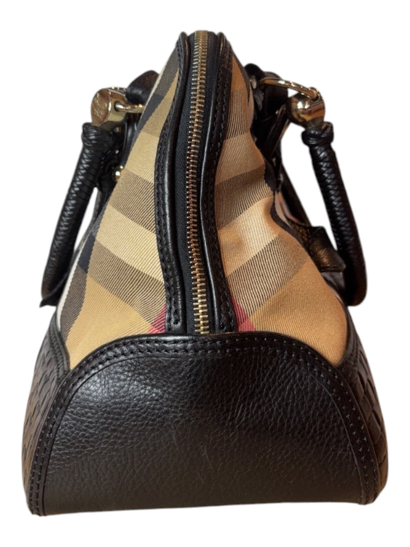 Posh Purse Co Burberry Brit House Check Bag in tan canvas with black leather trim and handles. Features iconic check pattern.
