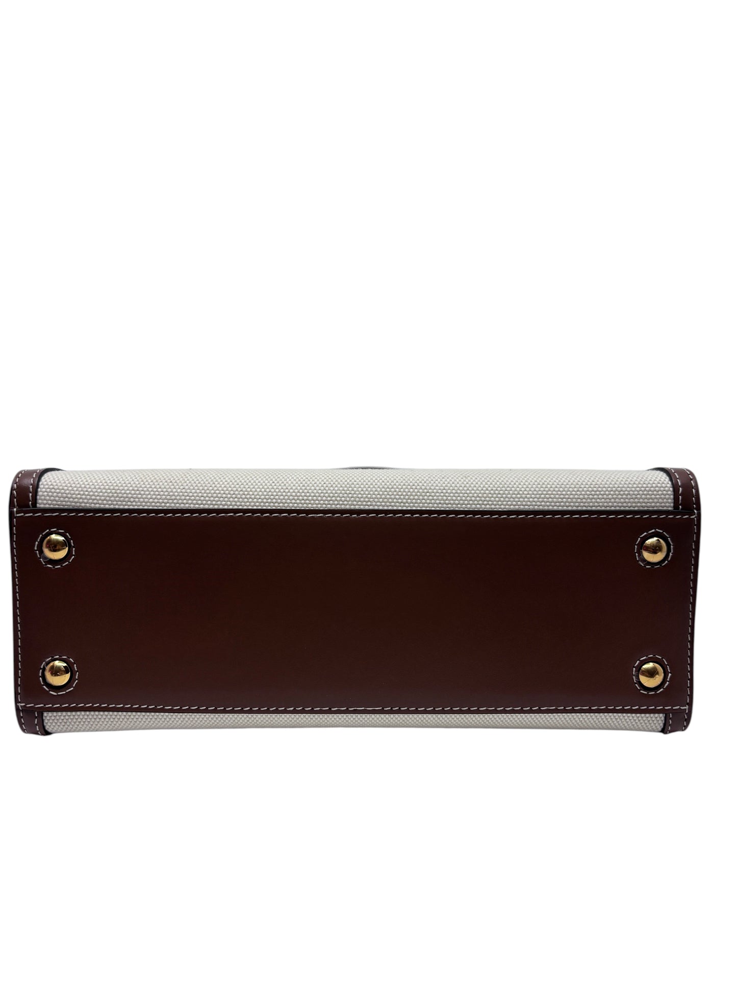 Posh Purse Co Burberry Mini Frances Tote base view showing brown leather trim, white canvas, and gold protective feet