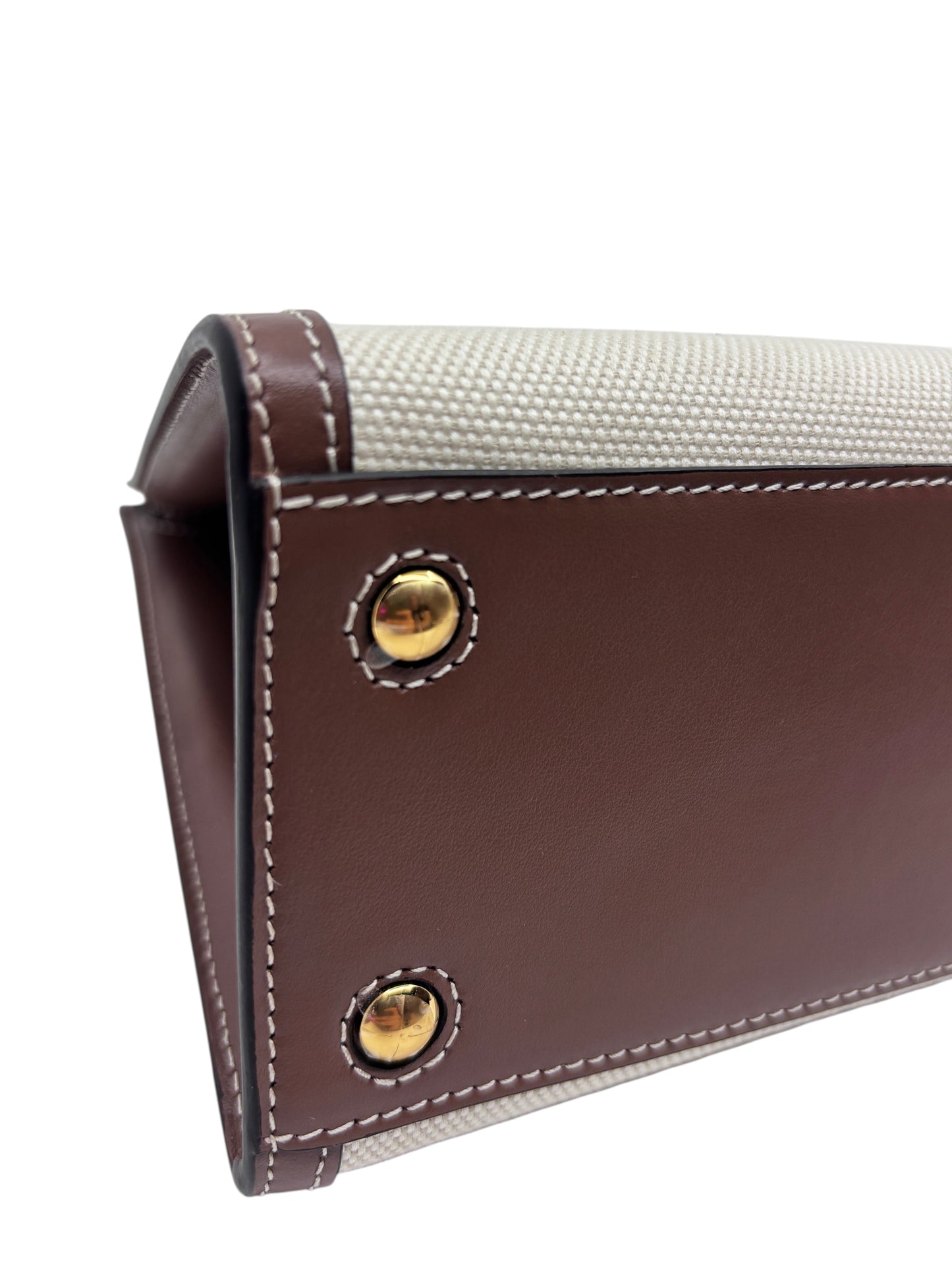 Posh Purse Co Burberry Mini Frances Tote featuring brown leather trim, cream canvas, and polished gold hardware studs.