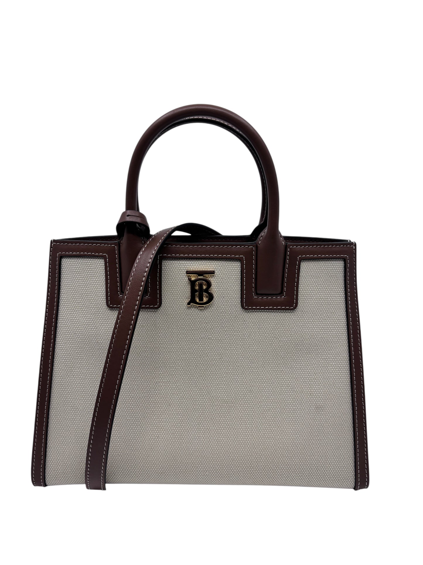 Posh Purse Co Burberry Mini Frances tote in beige canvas and brown leather with gold TB logo hardware