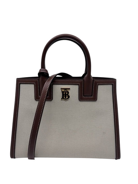 Posh Purse Co Burberry Mini Frances tote in beige canvas and brown leather with gold TB logo hardware