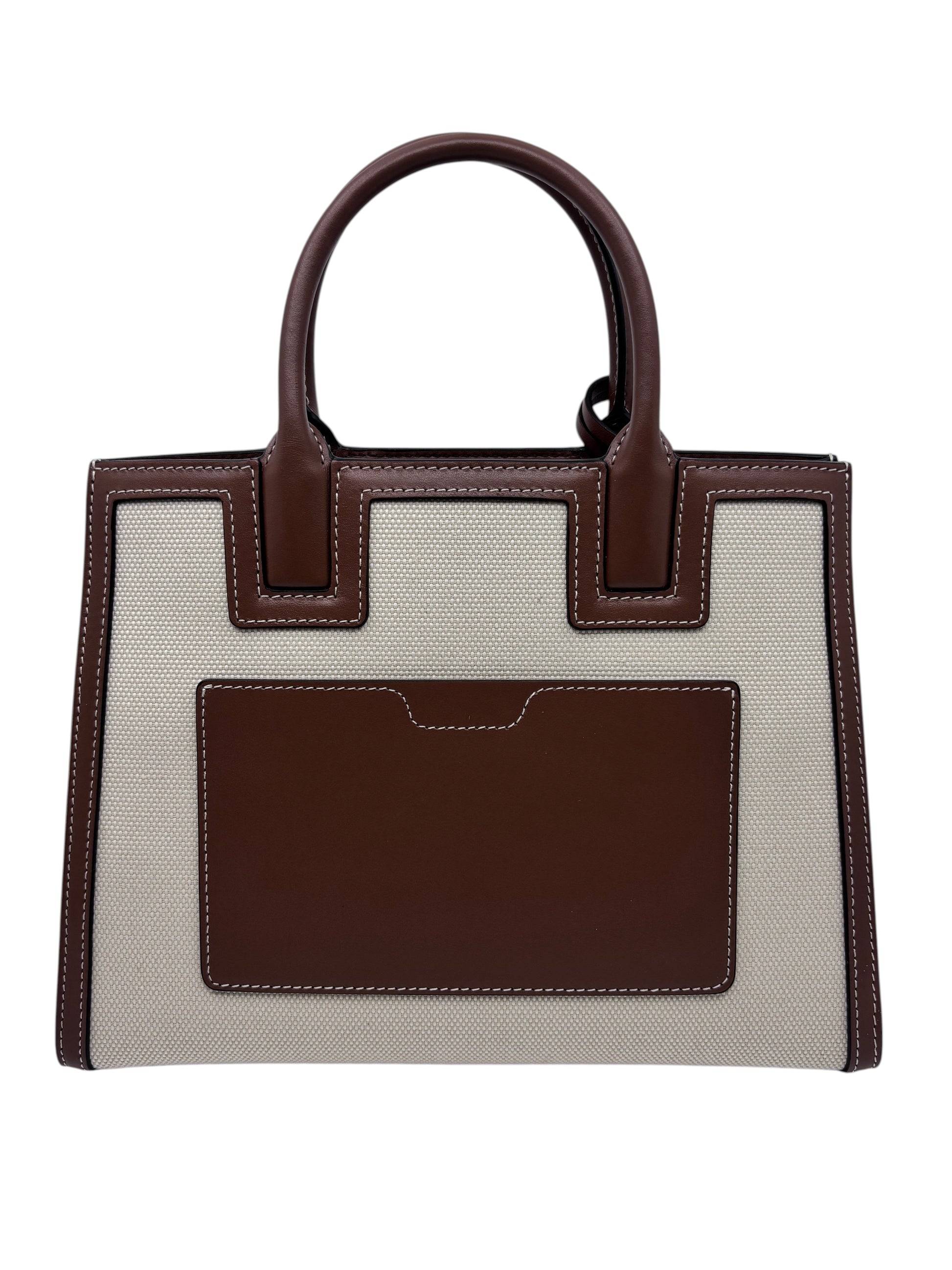 Posh Purse Co Burberry Mini Frances tote bag in beige canvas and brown leather with structured top handles