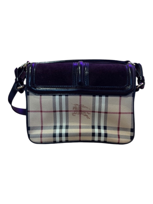 Posh Purse Co. Burberry crossbody bag in signature nova check canvas and dark purple suede. Features adjustable strap and equestrian logo.