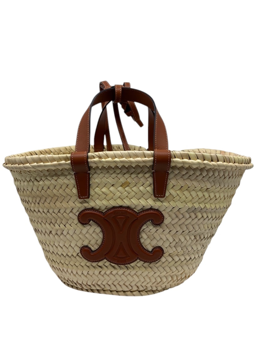 Posh Purse Co. Celine Classic Panier raffia tote bag with brown leather handles and iconic Triomphe logo patch.