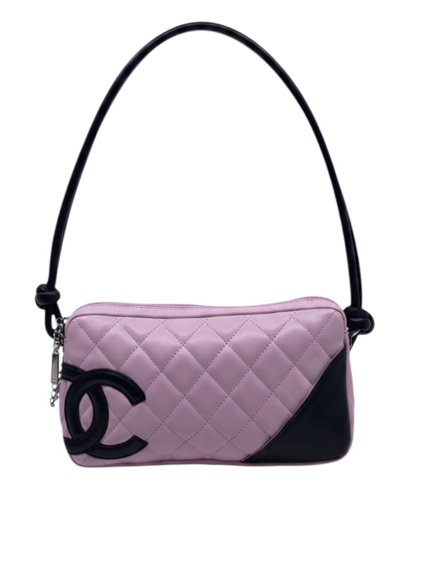 Posh Purse Co vintage Chanel Cambon Ligne bag in quilted pink leather with black CC logo and shoulder strap
