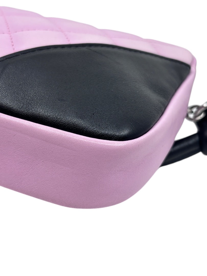 Posh Purse Co vintage Chanel Cambon Ligne bag in pink and black leather with quilted texture and smooth panel detail