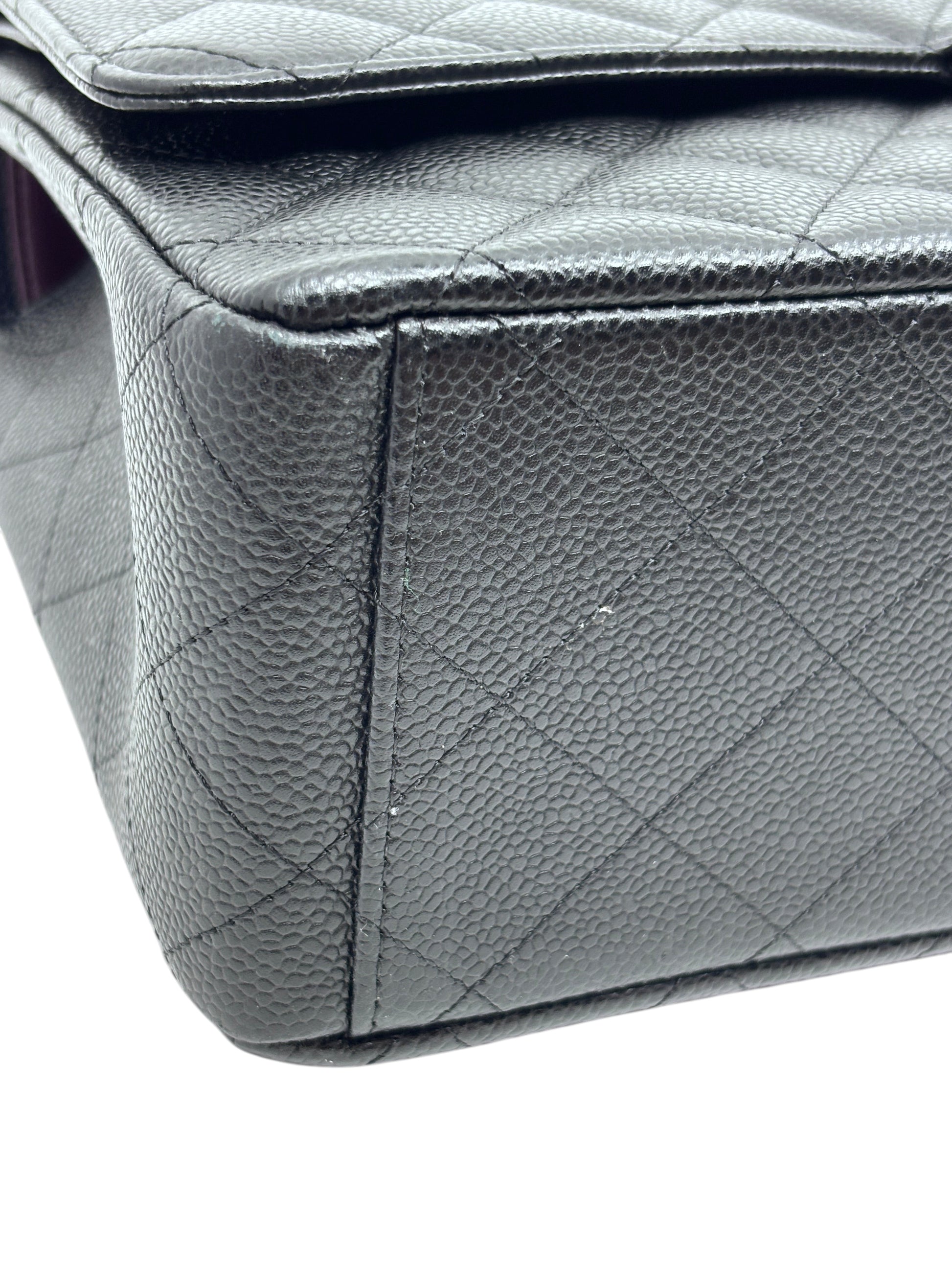 Posh Purse Co black quilted caviar leather Chanel Classic Jumbo Flap bag corner detail showing texture
