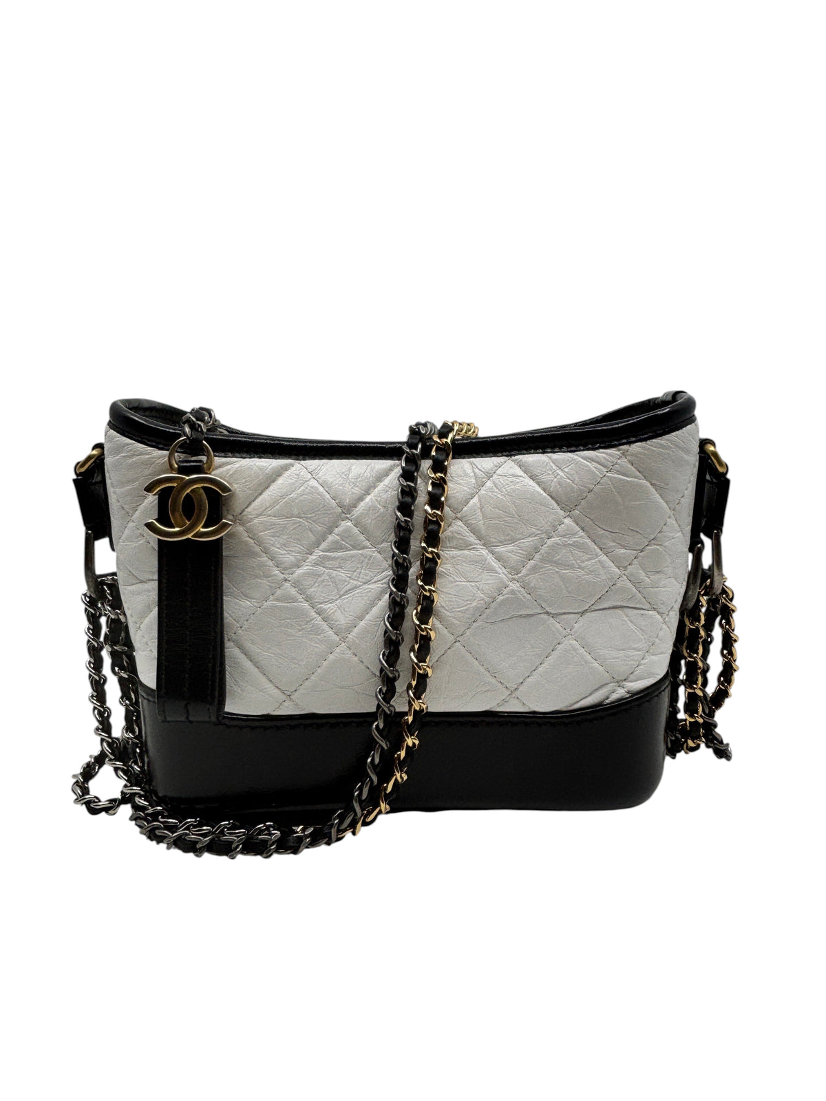 Posh Purse Co Chanel Gabrielle crossbody bag in white and black quilted leather with mixed-metal chain strap