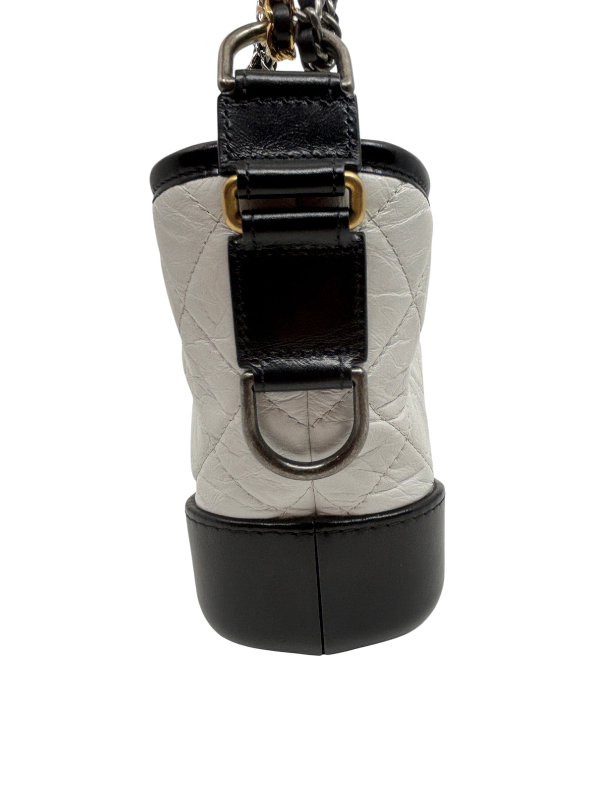 Posh Purse Co Chanel Gabrielle crossbody bag in white quilted leather with black leather trim and mixed-metal hardware.