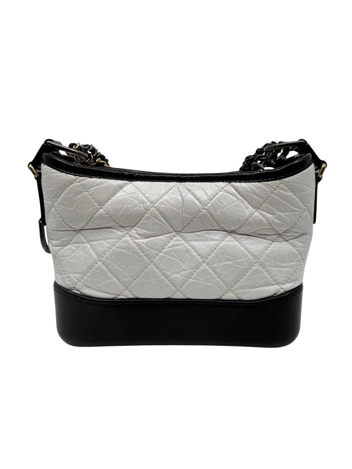 Posh Purse Co Chanel Gabrielle crossbody bag in white quilted leather with a black structured base and chain strap