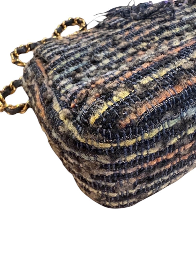 Posh Purse Co vintage Chanel jeweled sequin mermaid tweed flap bag with gold chain strap.