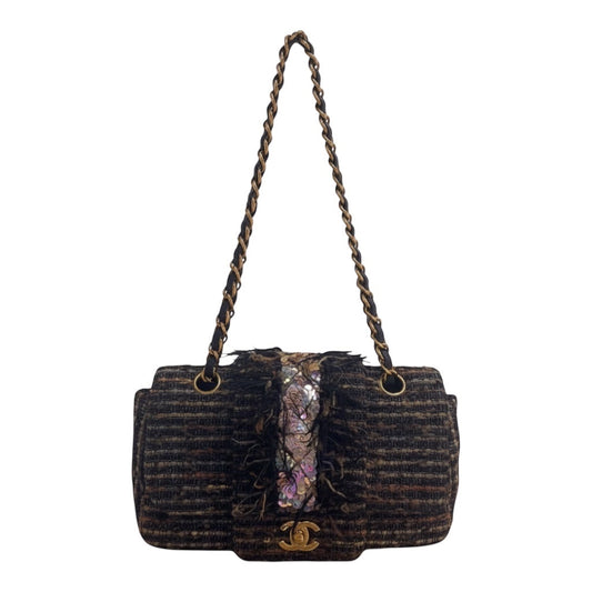 Posh Purse Co vintage Chanel jeweled sequin mermaid tweed flap bag with gold chain strap.