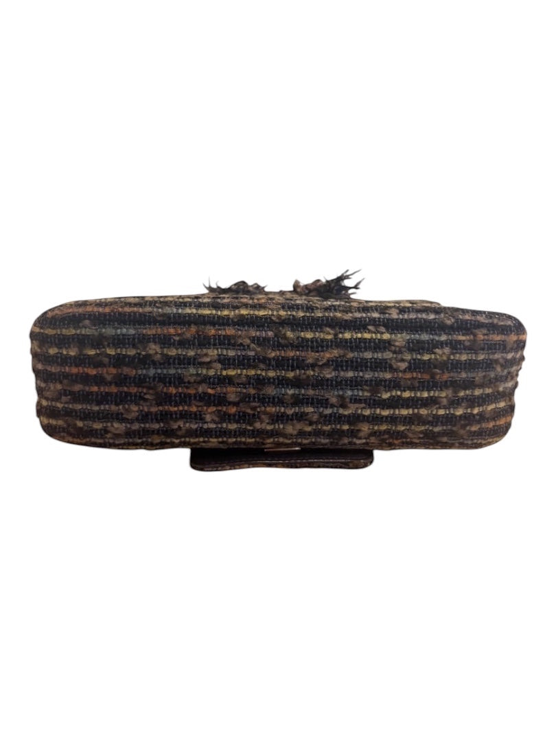 Posh Purse Co vintage Chanel jeweled sequin tweed bag with brown and black horizontal stripes and fringe detail.