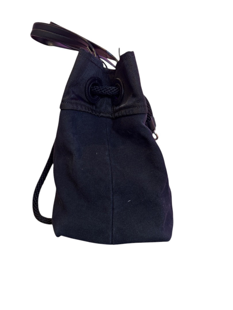 Posh Purse Co. black and blue Chanel XXL beach tote with rope handles and drawstring closure.