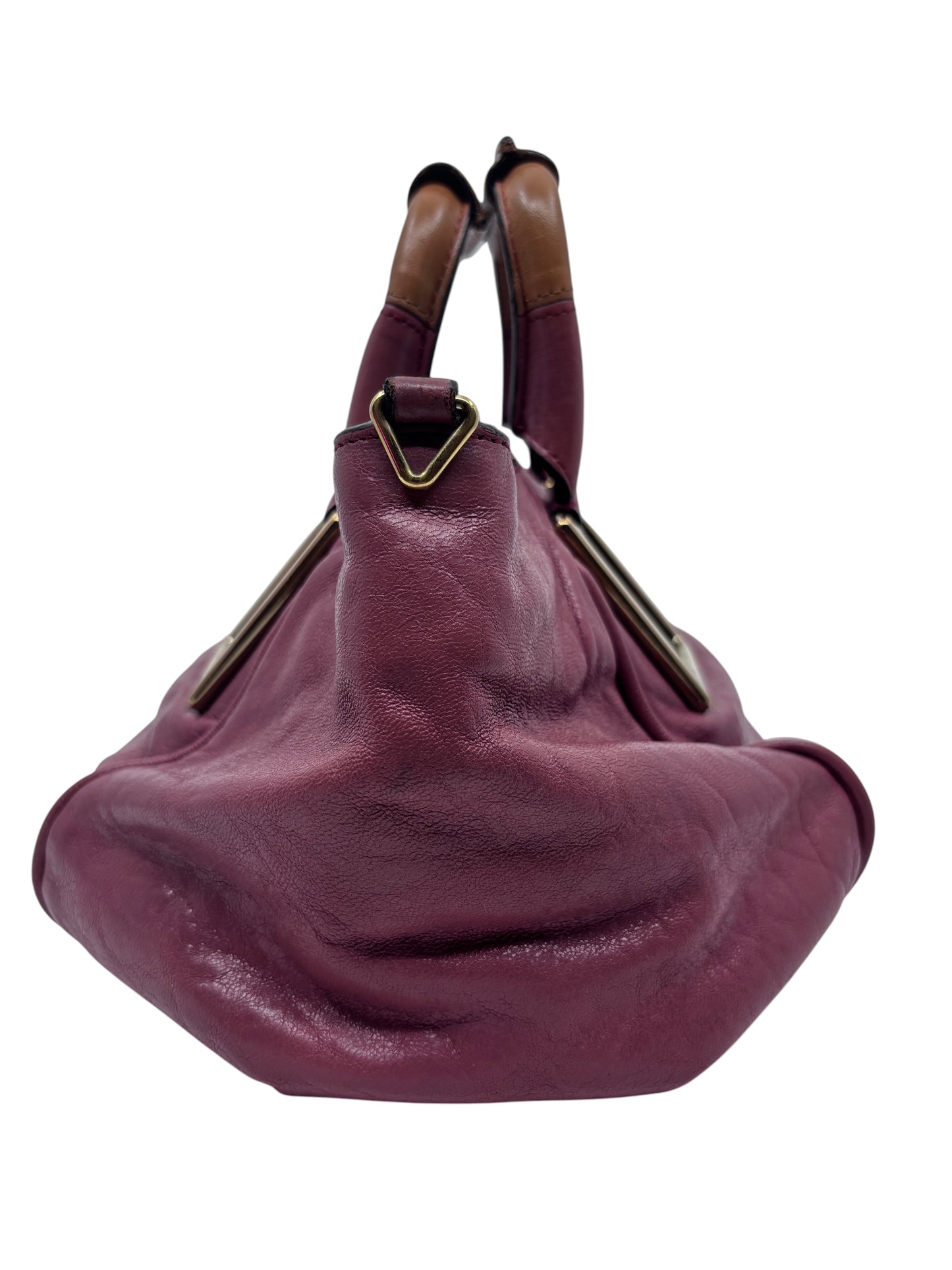 Posh Purse Co. preloved pink leather Chloé Ethel handbag with top handles and signature hardware, side view.