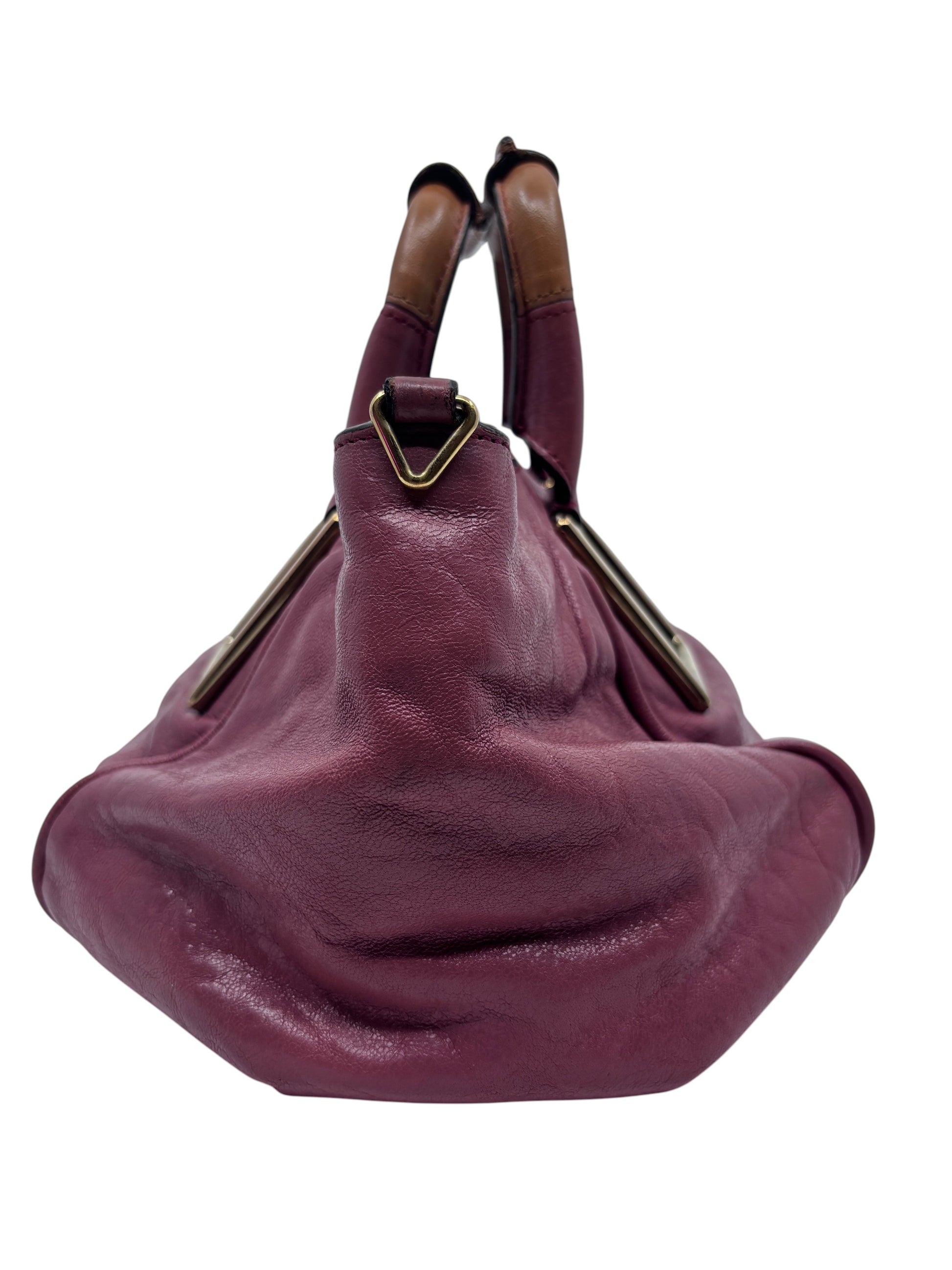 Posh Purse Co. preloved pink leather Chloé Ethel handbag with top handles and signature hardware, side view.