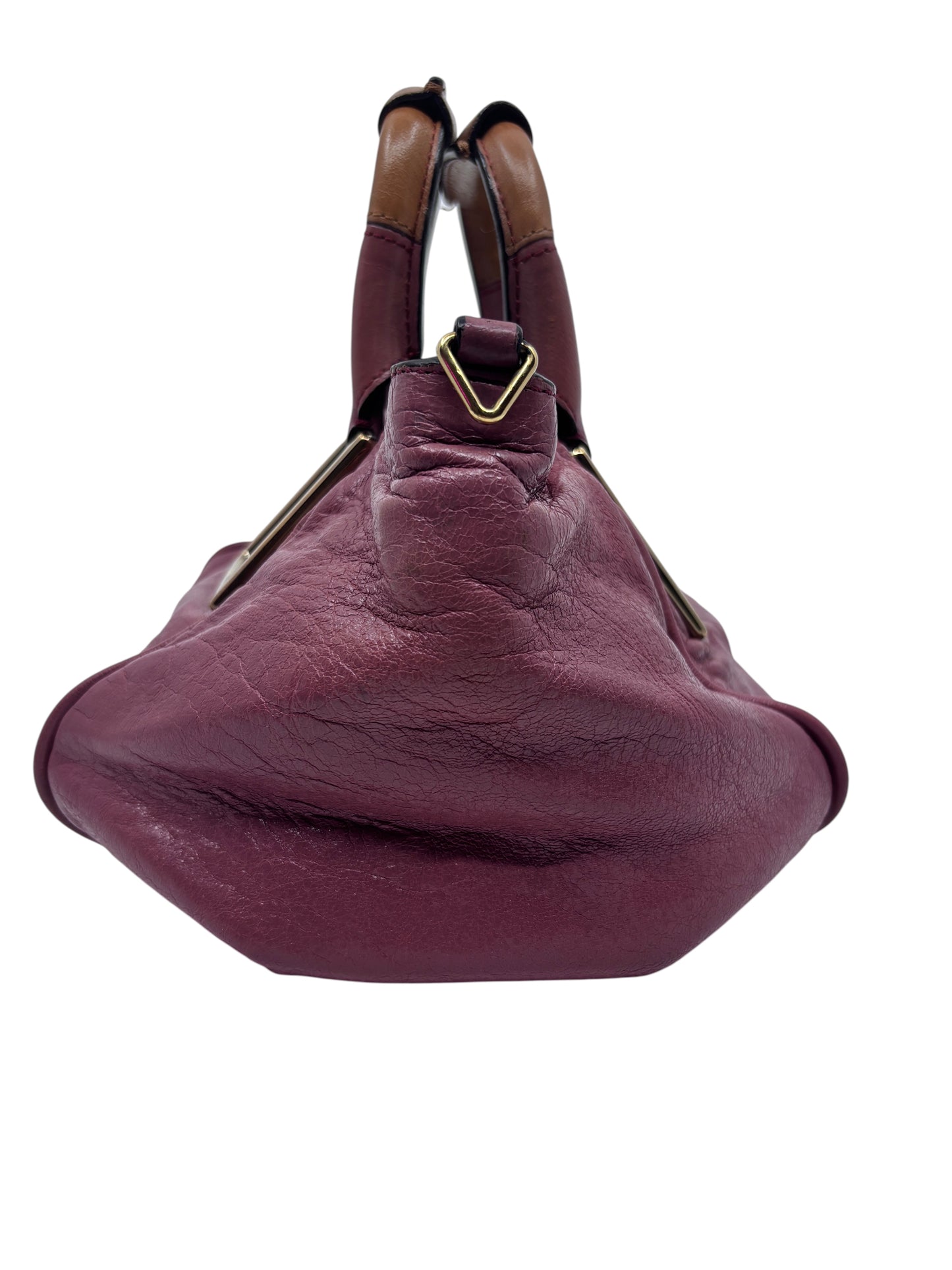 Posh Purse Co. preloved pink Chloé Ethel leather handbag with brown top handles and gold-tone hardware side view.