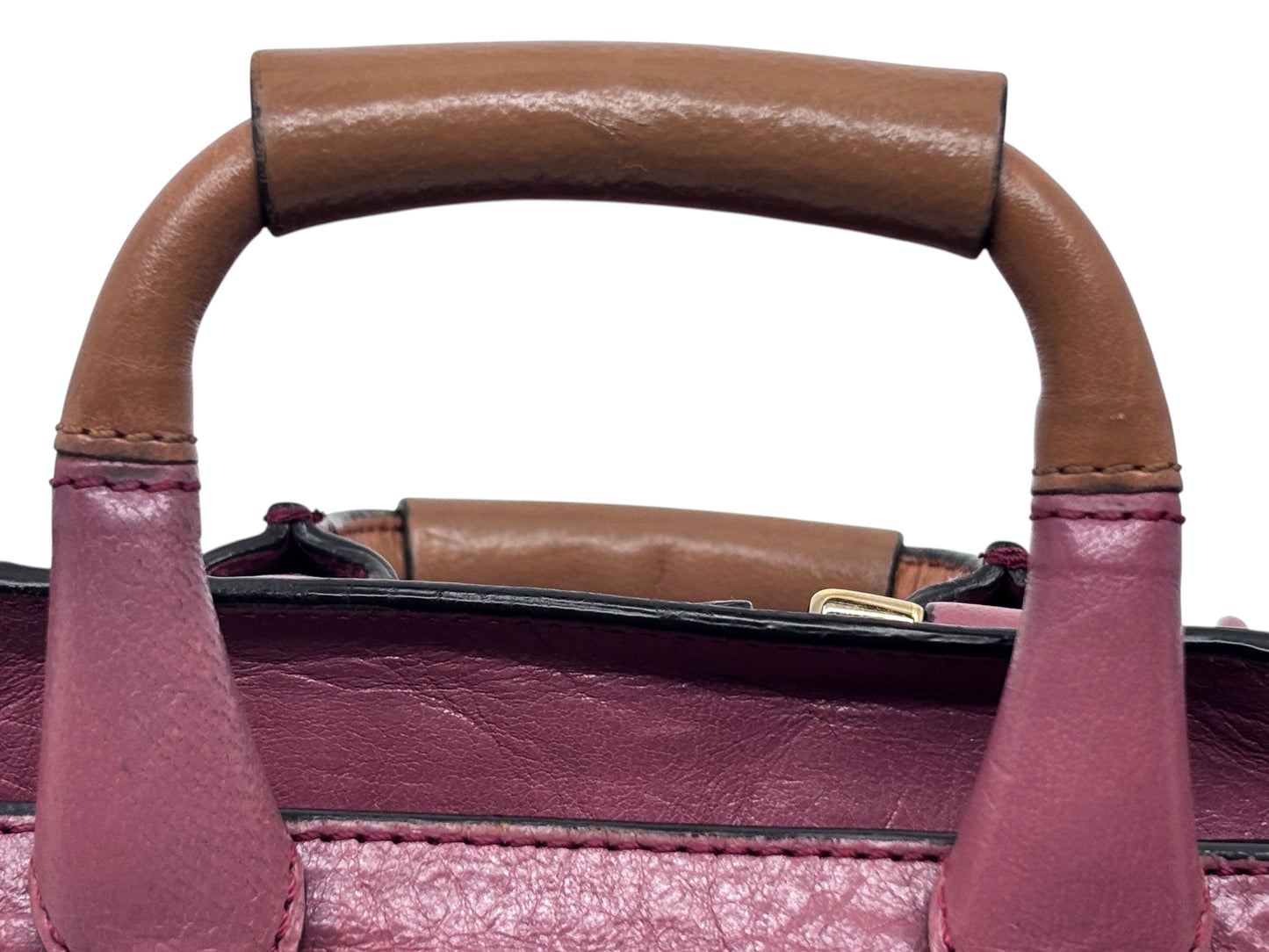 Posh Purse Co. pink leather Chloé Ethel bag featuring a brown leather top handle and detailed stitching.
