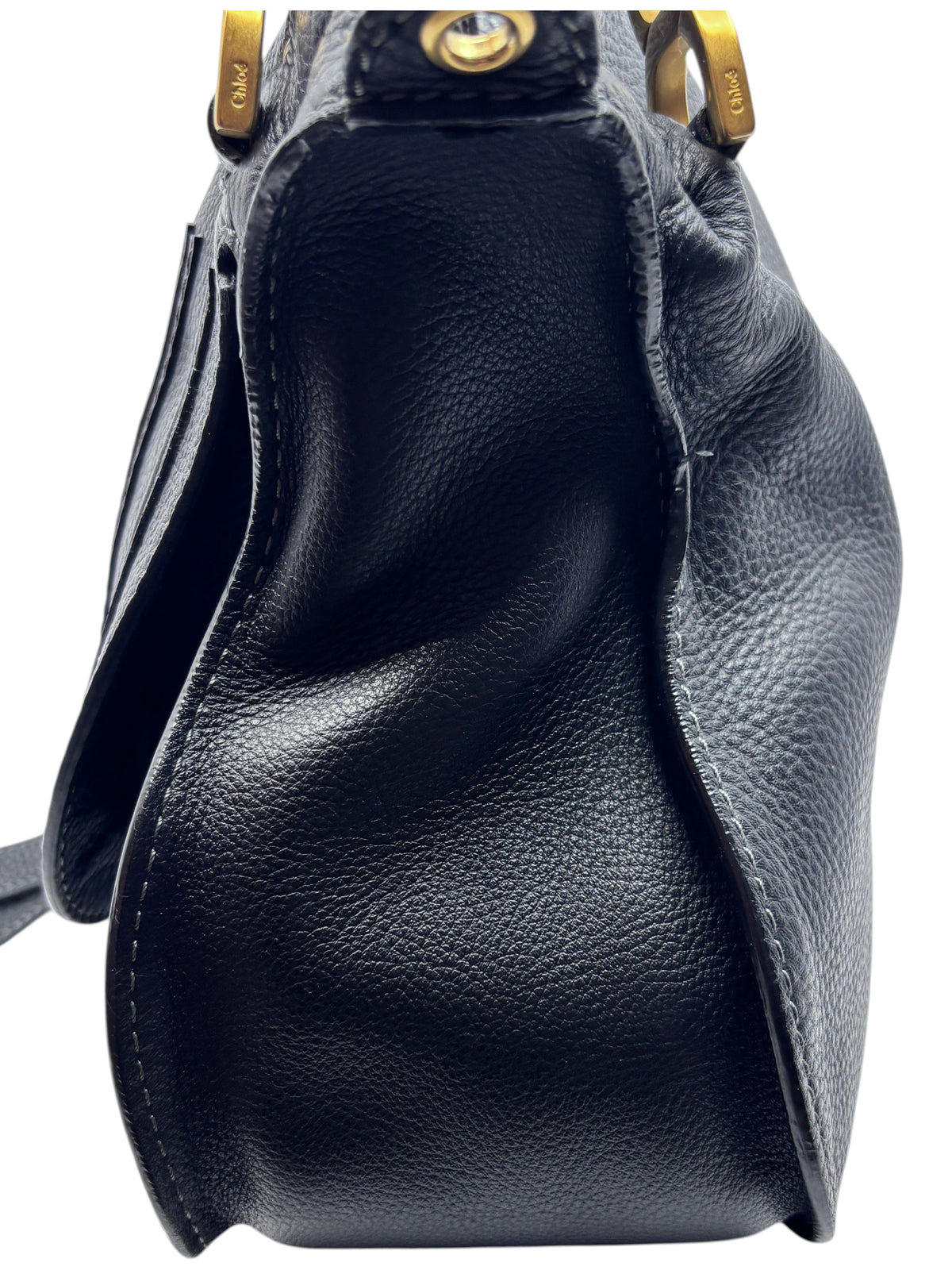 Posh Purse Co. black leather Chloé Marcie medium satchel with signature saddle stitching and gold-tone hardware