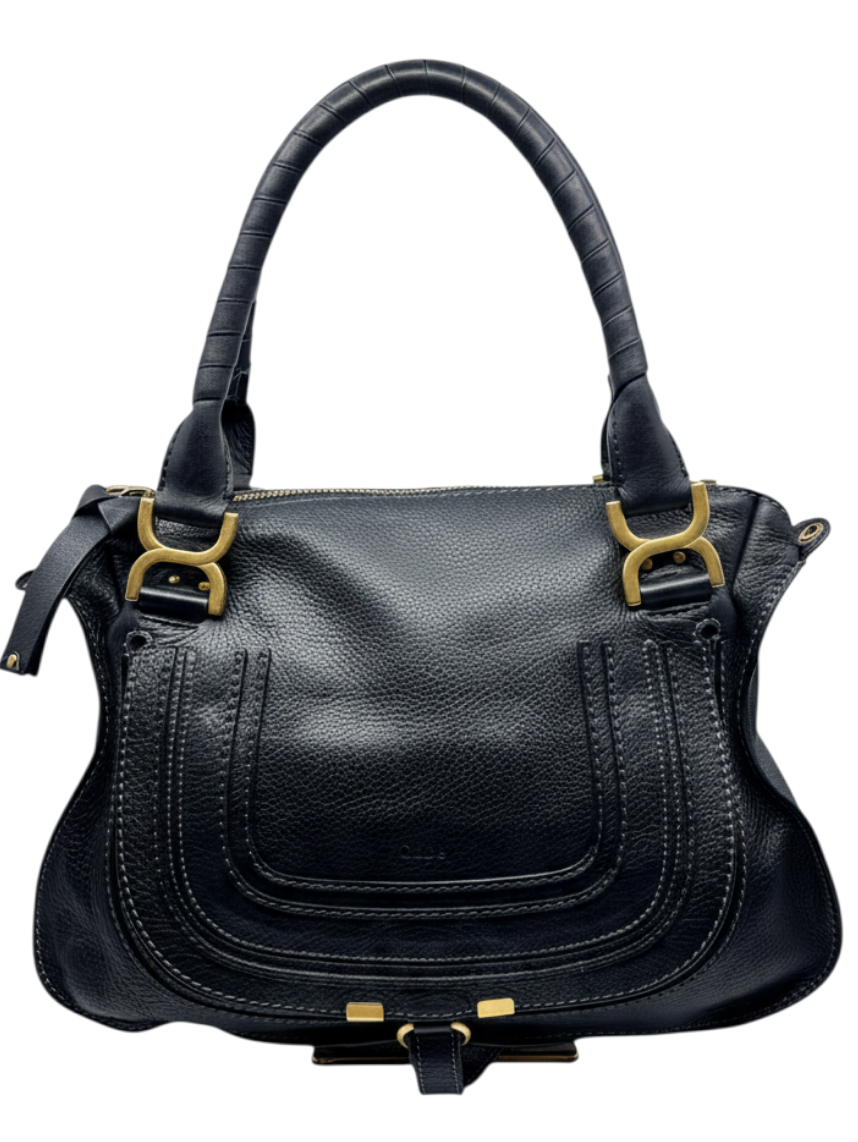 Posh Purse Co. black leather Chloé Marcie medium satchel with signature saddle stitching and gold-tone hardware.