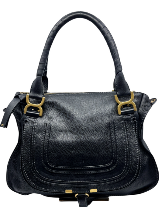 Posh Purse Co. black leather Chloé Marcie medium satchel with signature saddle stitching and gold-tone hardware.
