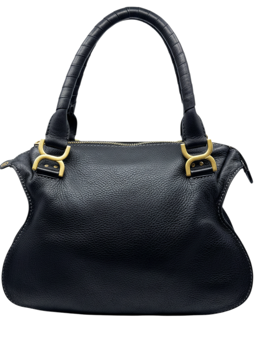 Posh Purse Co. black leather Chloé Marcie medium satchel with signature saddle stitching and gold-tone hardware.