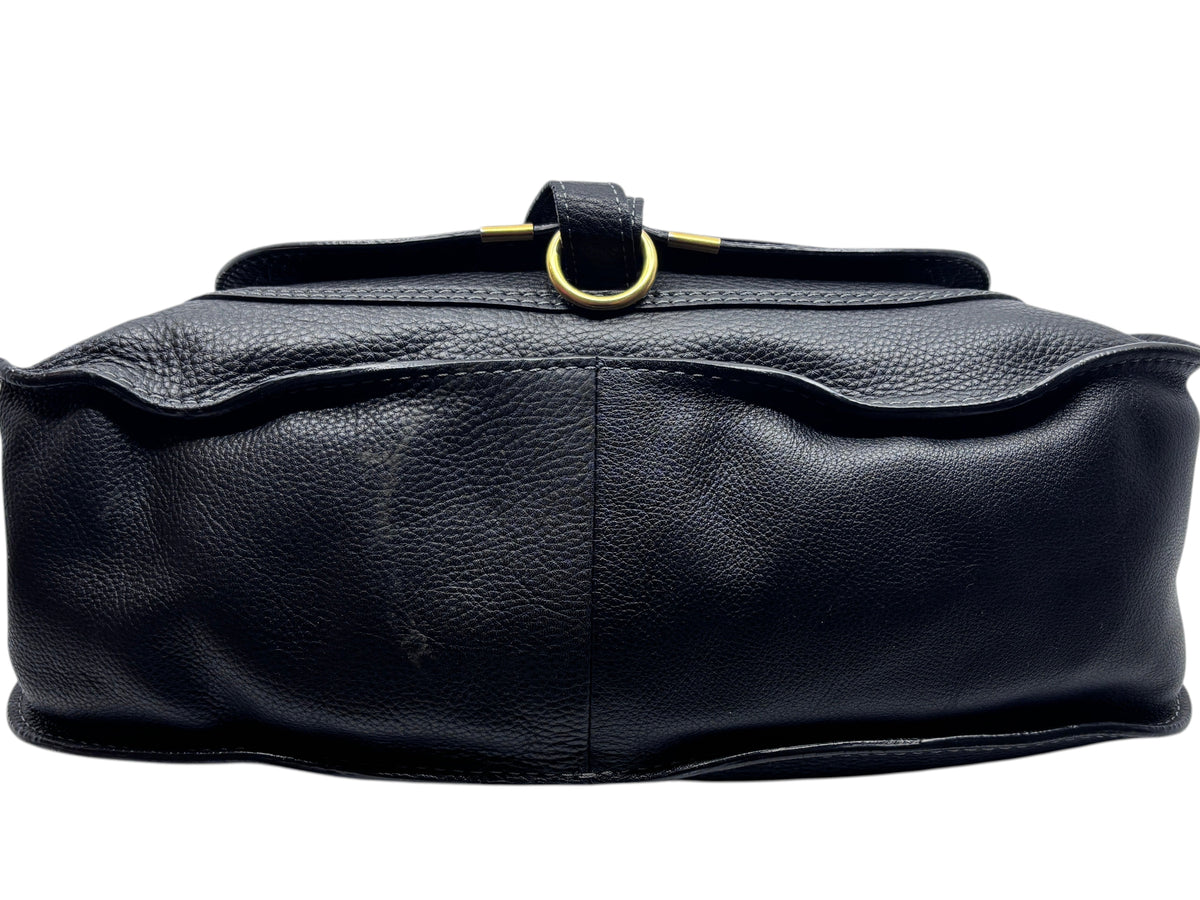 Posh Purse Co. black leather Chloé Marcie medium satchel featuring signature saddle stitching and gold-tone hardware.