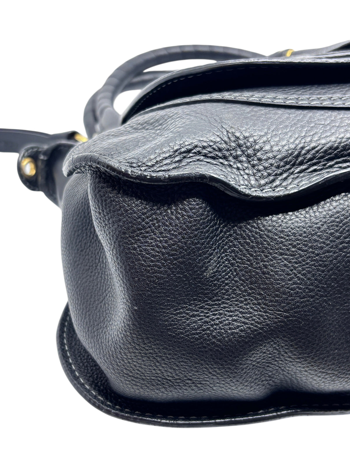 Posh Purse Co. black leather Chloé Marcie medium satchel showing signature curved silhouette and saddle stitching