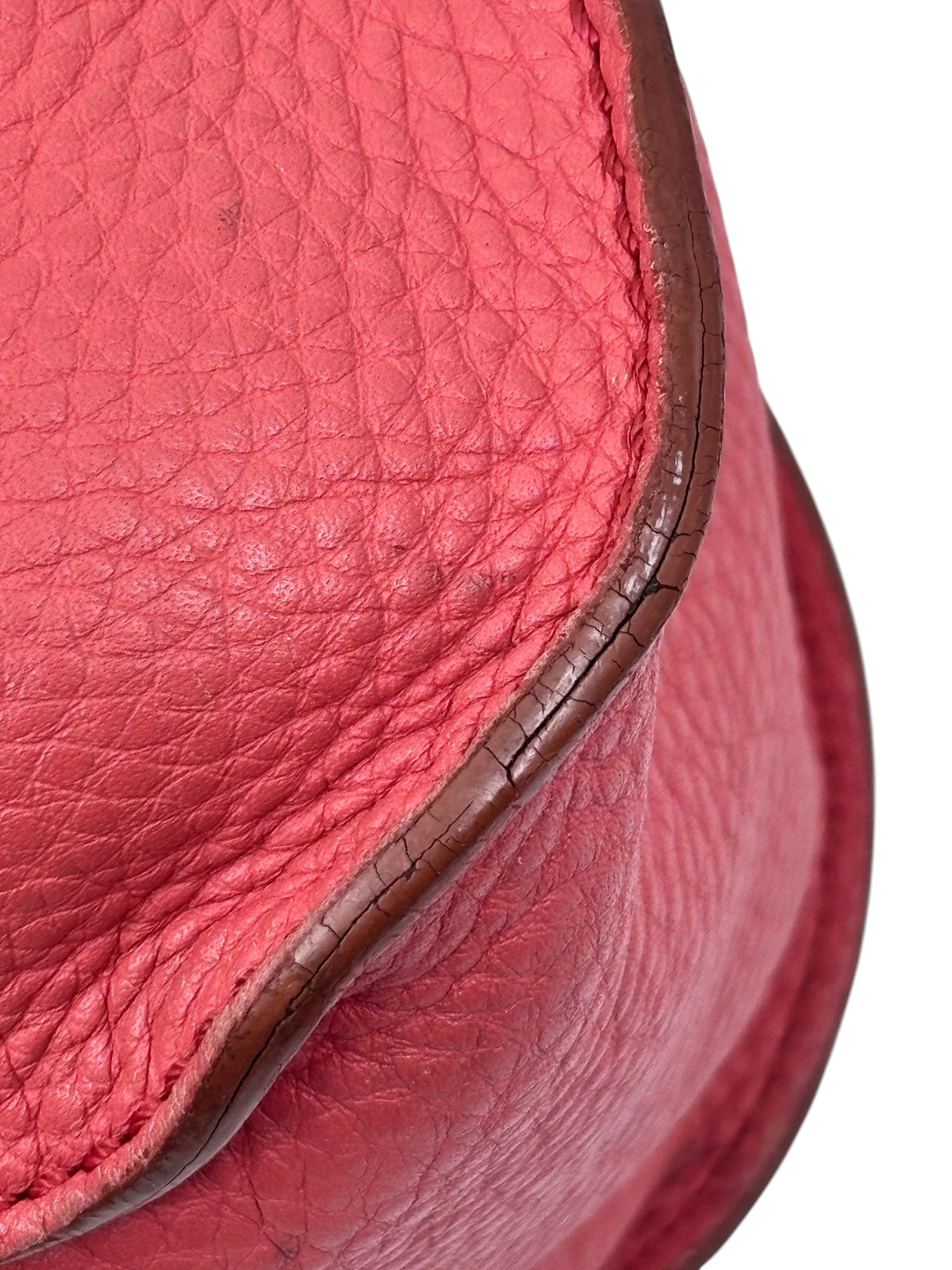 Posh Purse Co. Chloé Marcie medium satchel in coral leather showing textured grain and brown edge piping detail