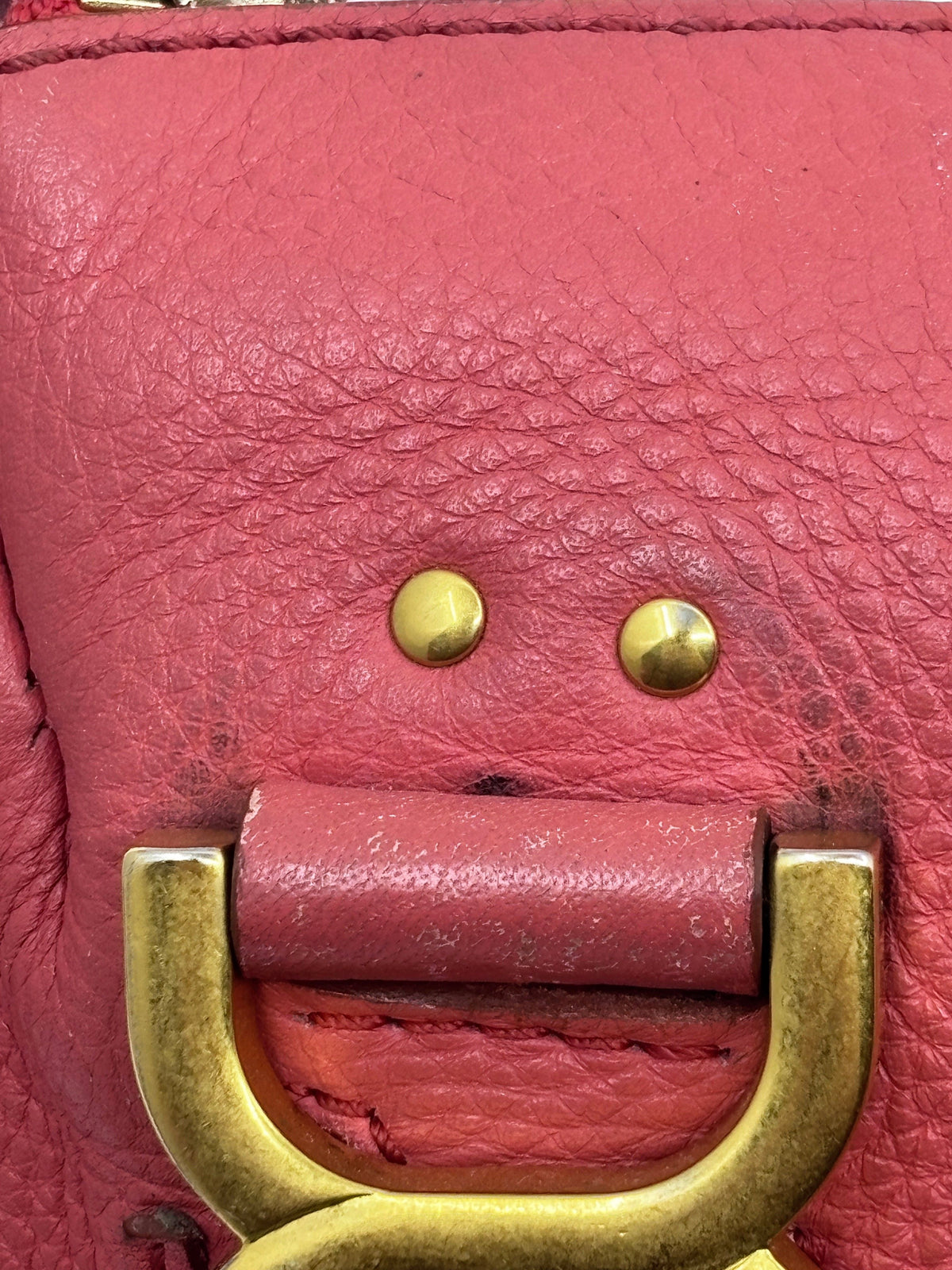 Posh Purse Co. Chloé Marcie medium satchel in coral leather showing gold hardware detail and signature stitching.