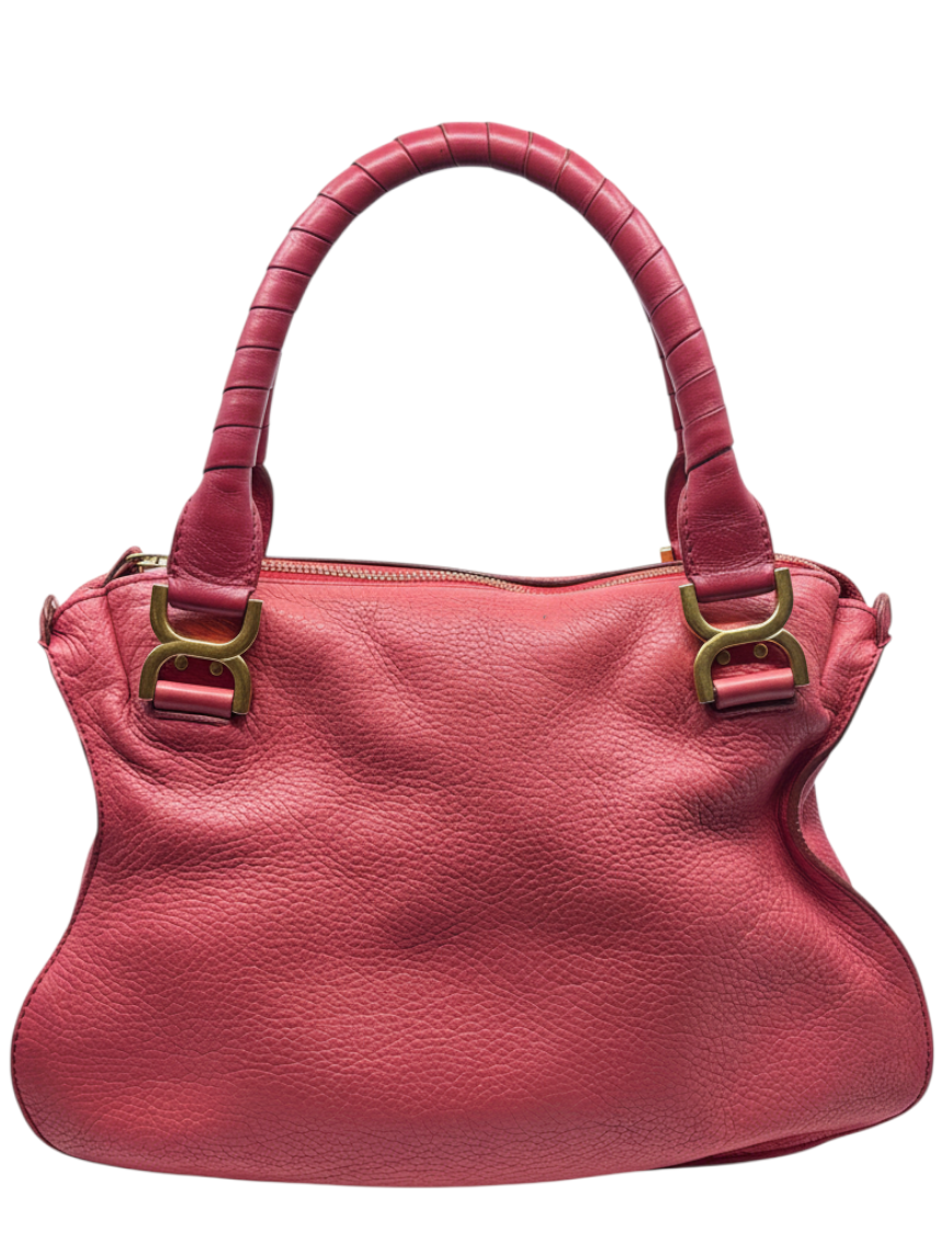 Posh Purse Co. preowned Chloé Marcie medium satchel in coral leather with signature curved stitching and gold hardware.