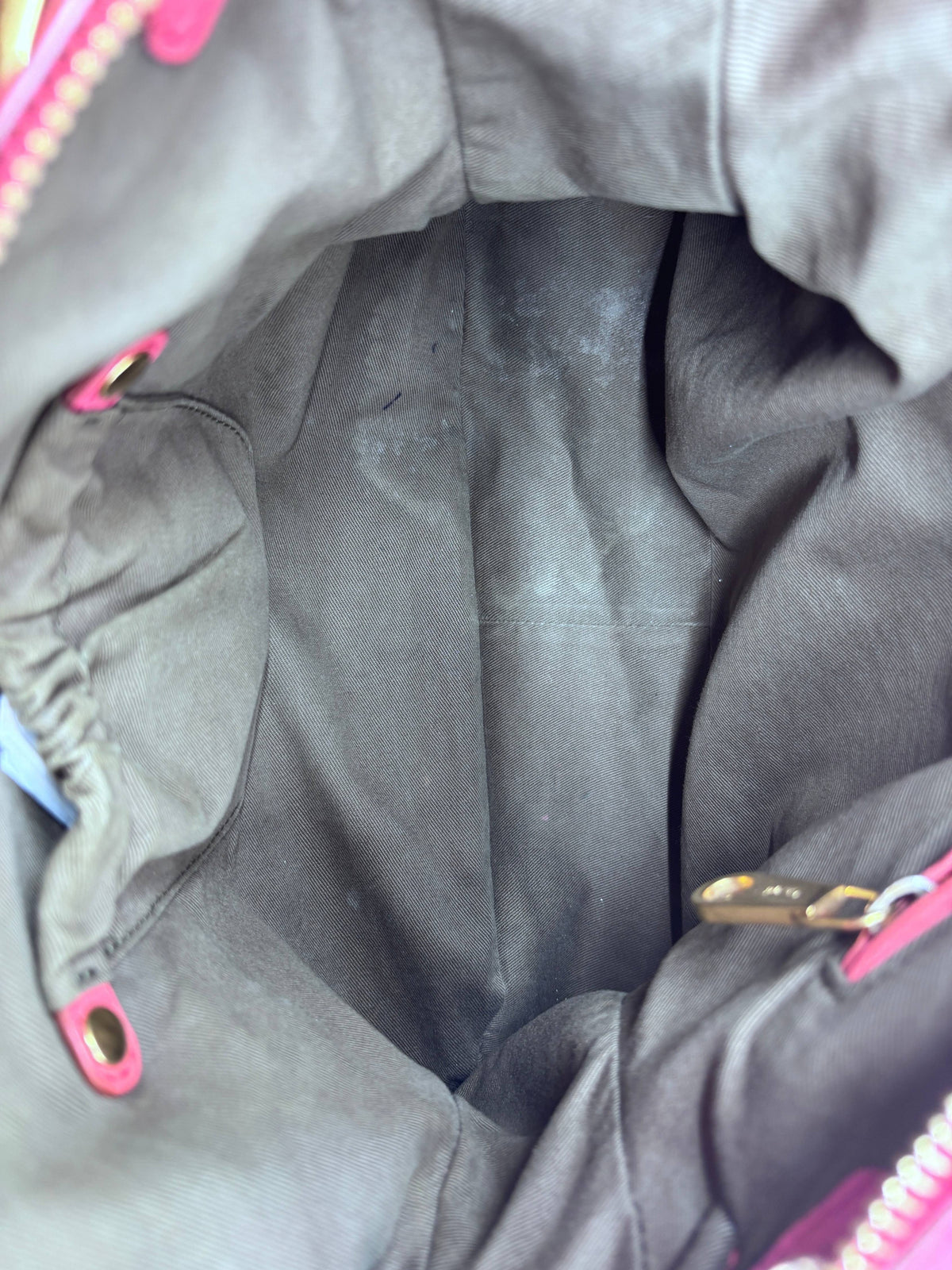 Interior view of Posh Purse Co. preowned Chloé Marcie medium satchel featuring grey fabric lining with minor staining.