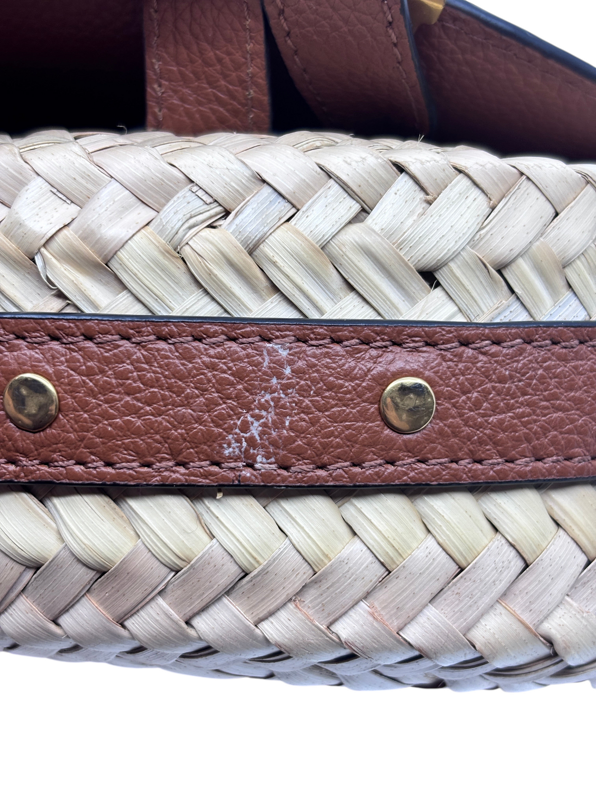 Posh Purse Co Chloé Marcie small raffia satchel bag showing woven texture and brown leather trim detail
