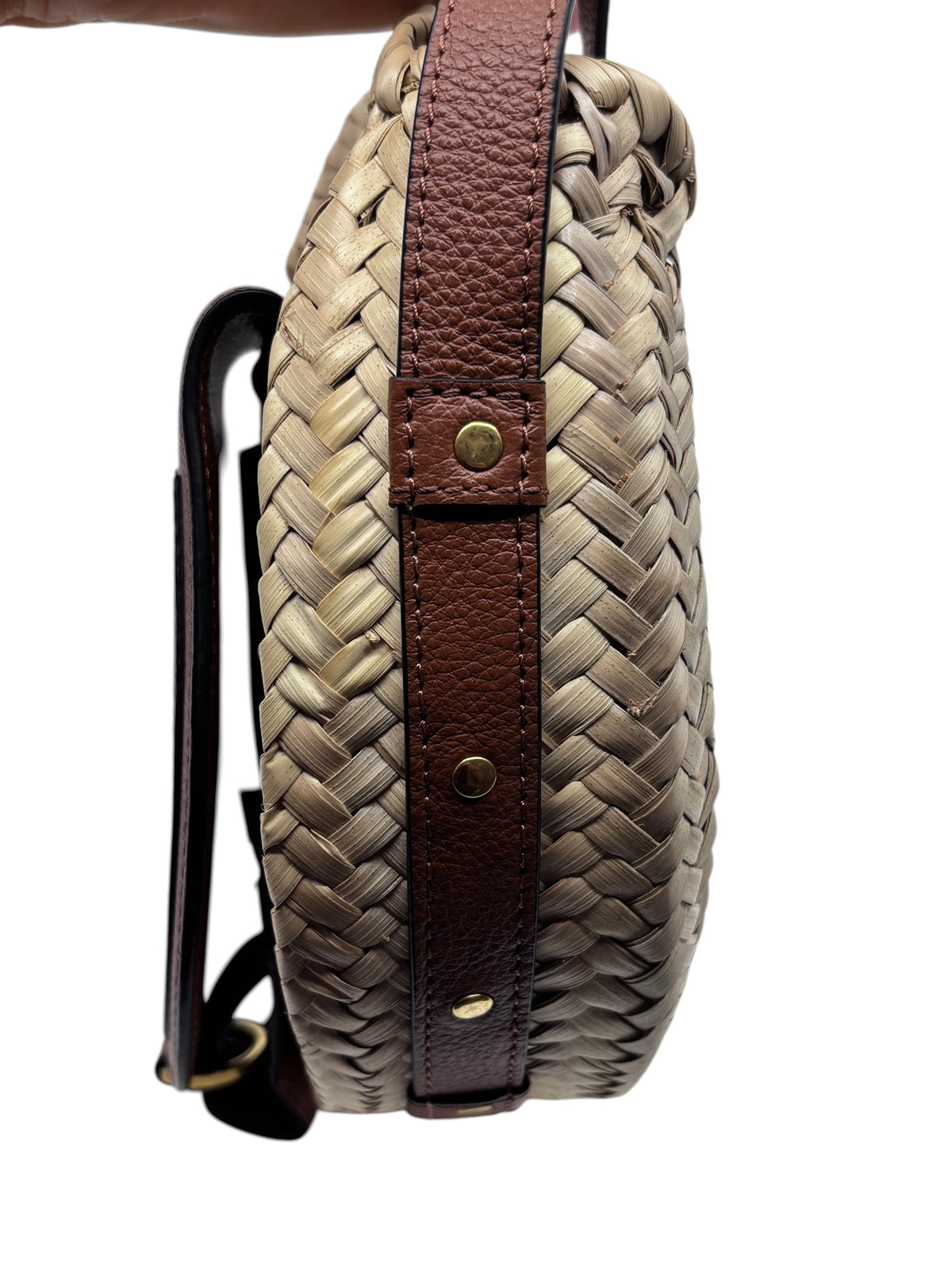 Posh Purse Co Chloé Marcie small satchel bag in woven raffia with brown leather trim and gold hardware side view