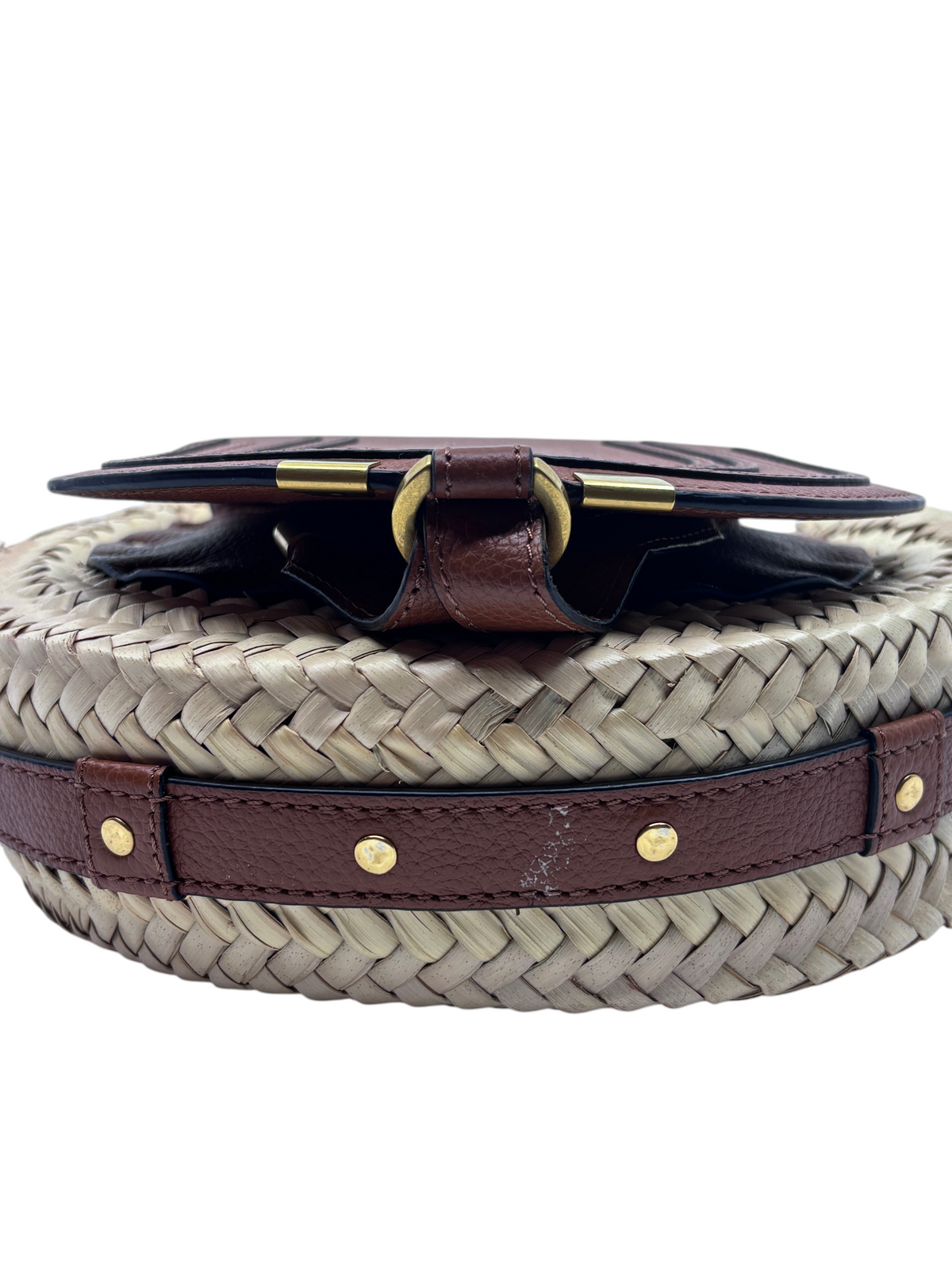 Posh Purse Co Chloé Marcie small satchel bag in woven raffia with brown leather trim and gold hardware details.