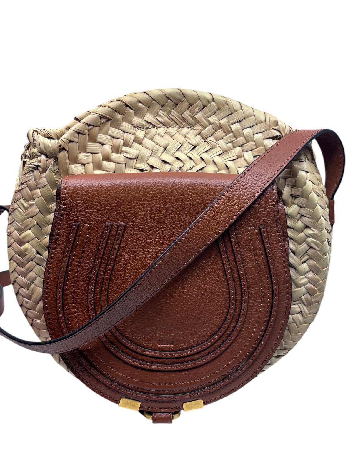Posh Purse Co Chloé Marcie small round satchel bag featuring woven raffia and brown leather flap with gold hardware