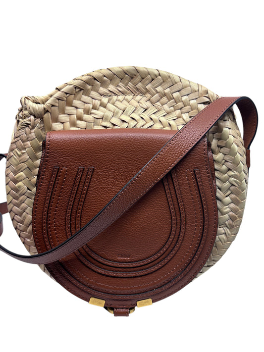 Posh Purse Co Chloé Marcie small round satchel bag featuring woven raffia and brown leather flap with gold hardware