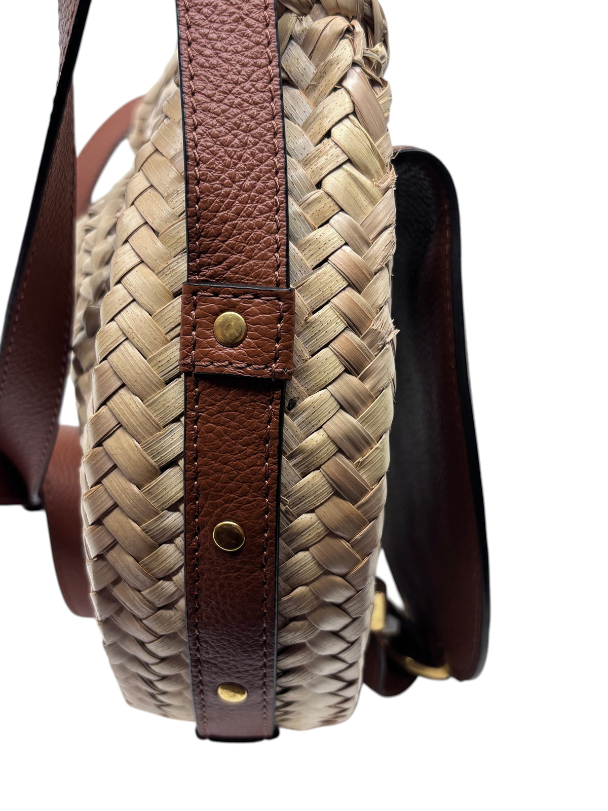 Posh Purse Co Chloé Marcie small satchel bag featuring woven raffia and brown leather trim with gold hardware details