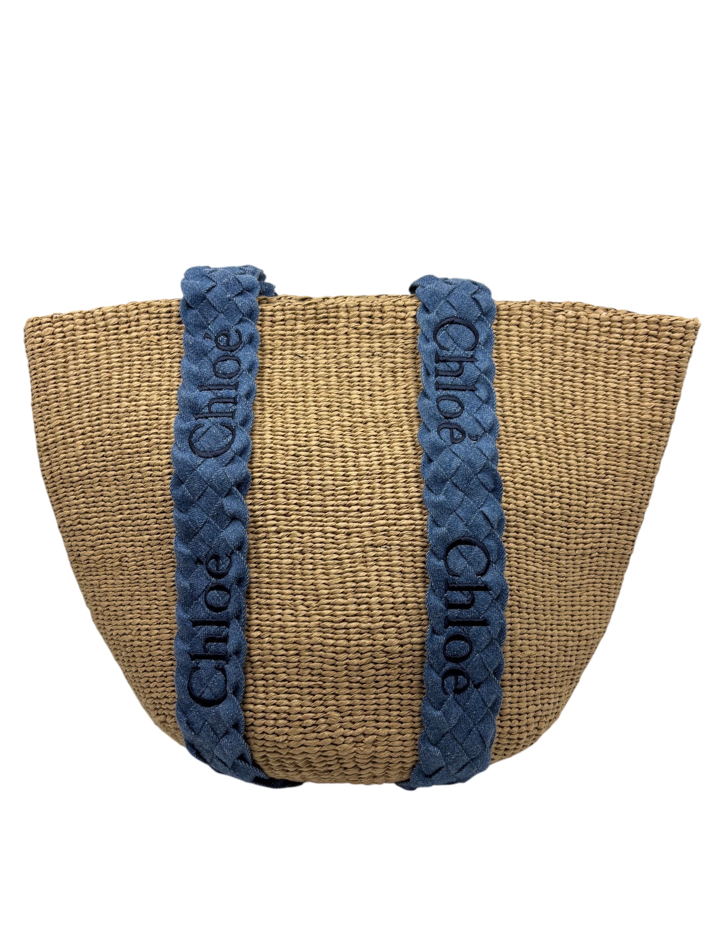 Posh Purse Co. Chloé Woody basket bag with natural woven straw body and blue braided canvas logo handles.