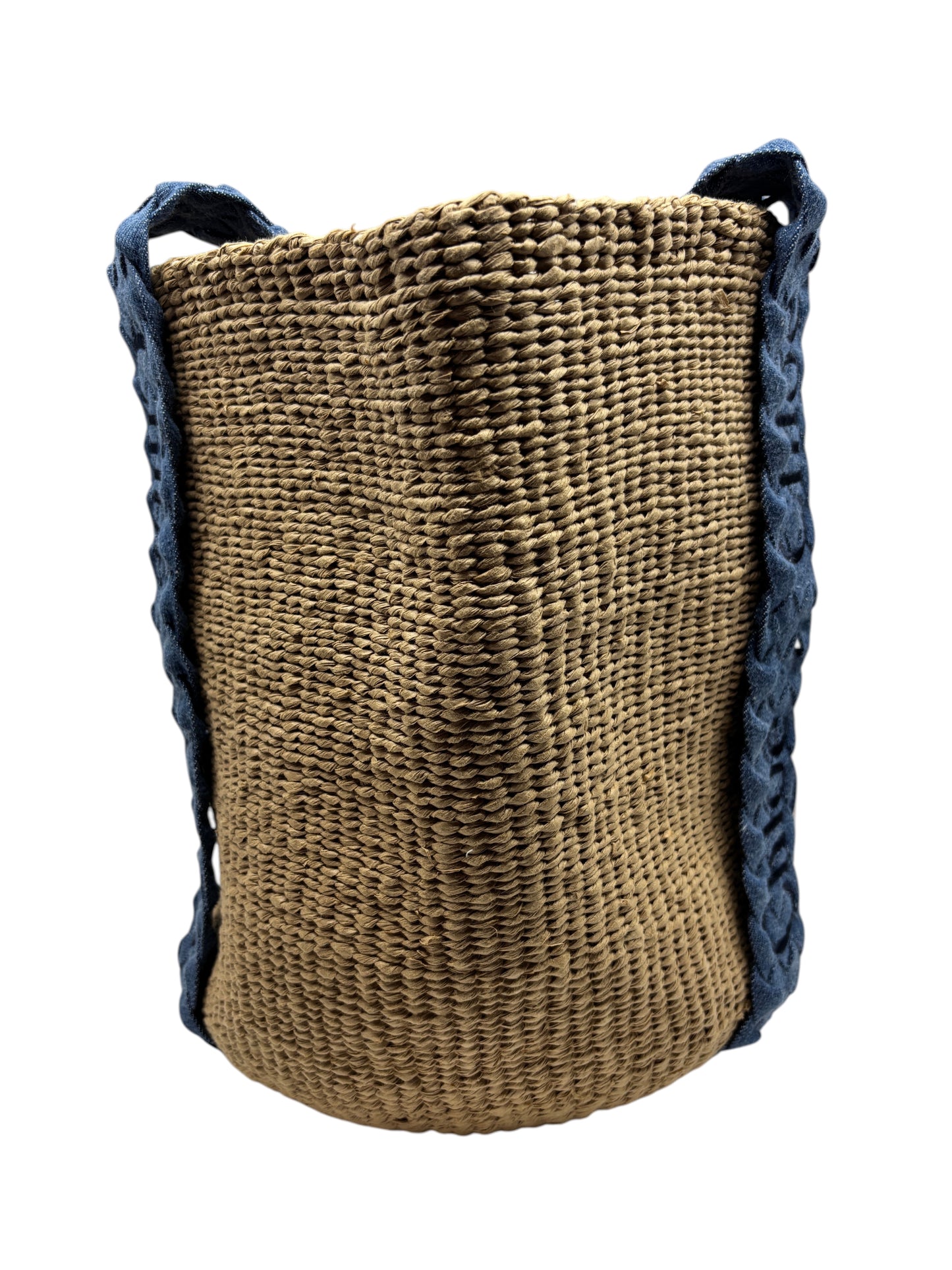 Posh Purse Co. Chloé Woody basket bag in natural woven straw with blue canvas trim and logo ribbon detailing.