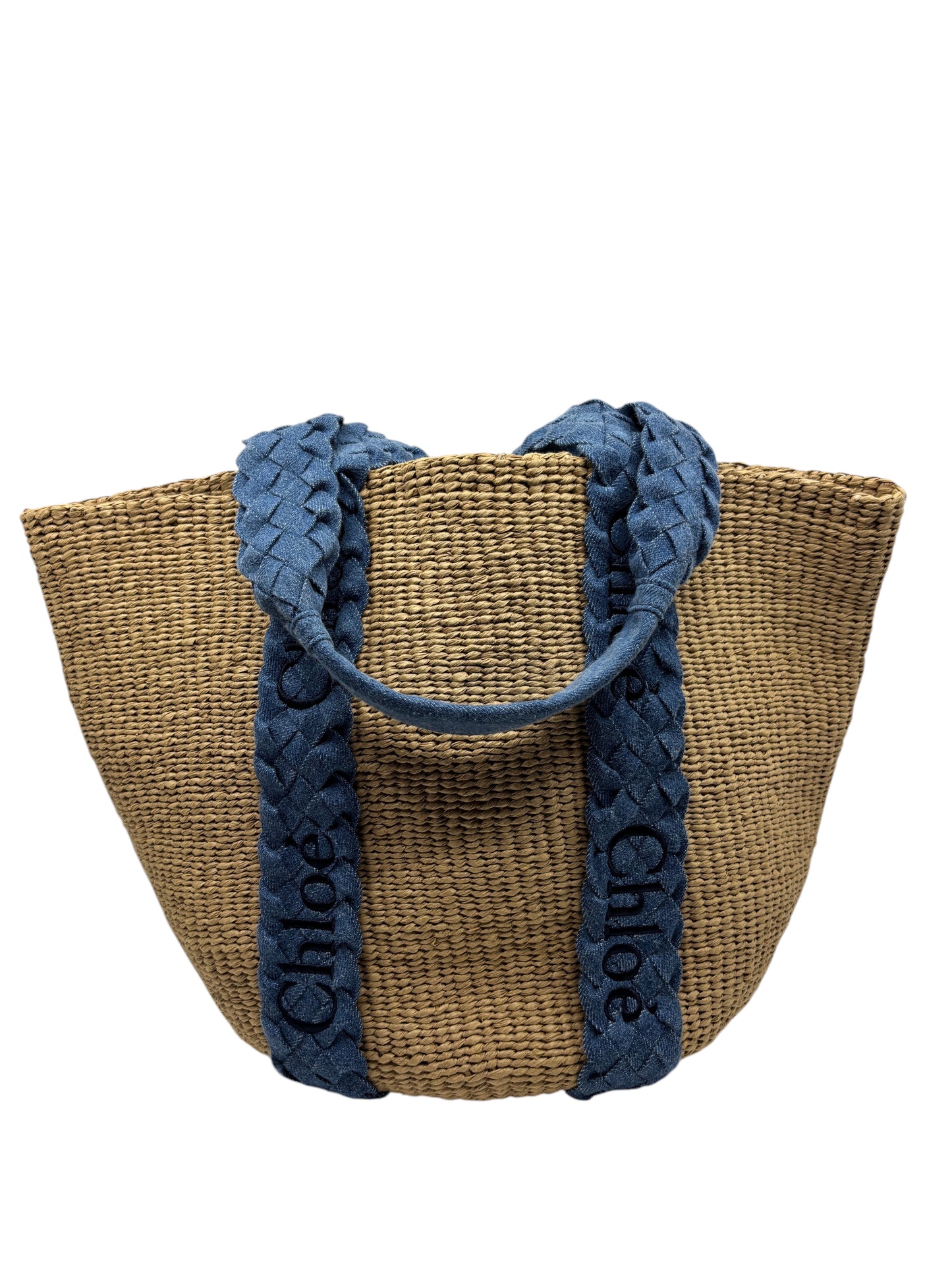 Posh Purse Co. Chloe Woody basket bag in natural woven straw with blue braided canvas logo handles