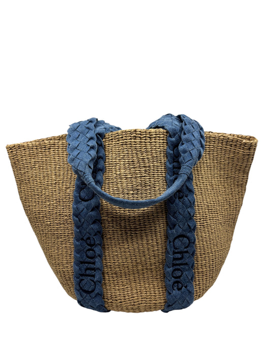 Posh Purse Co. Chloe Woody basket bag in natural woven straw with blue braided canvas logo handles