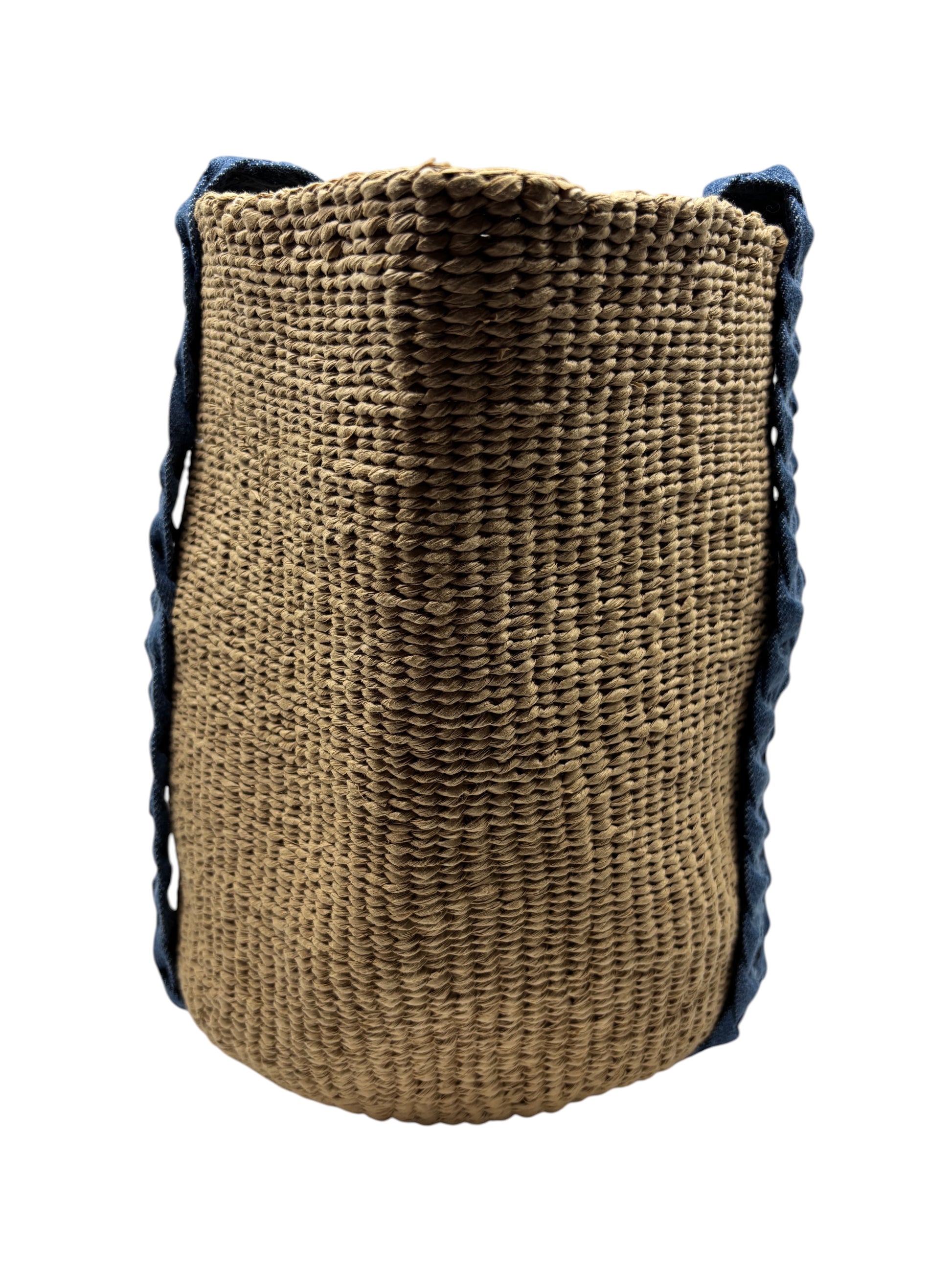 Posh Purse Co. Chloe Woody basket bag in natural woven straw with blue canvas trim side view
